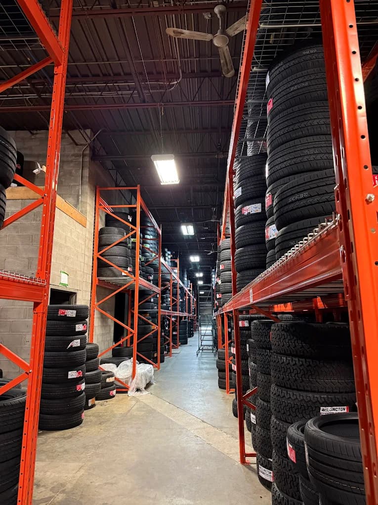 Warehouse racks of new and used tires for GTA mobile installation