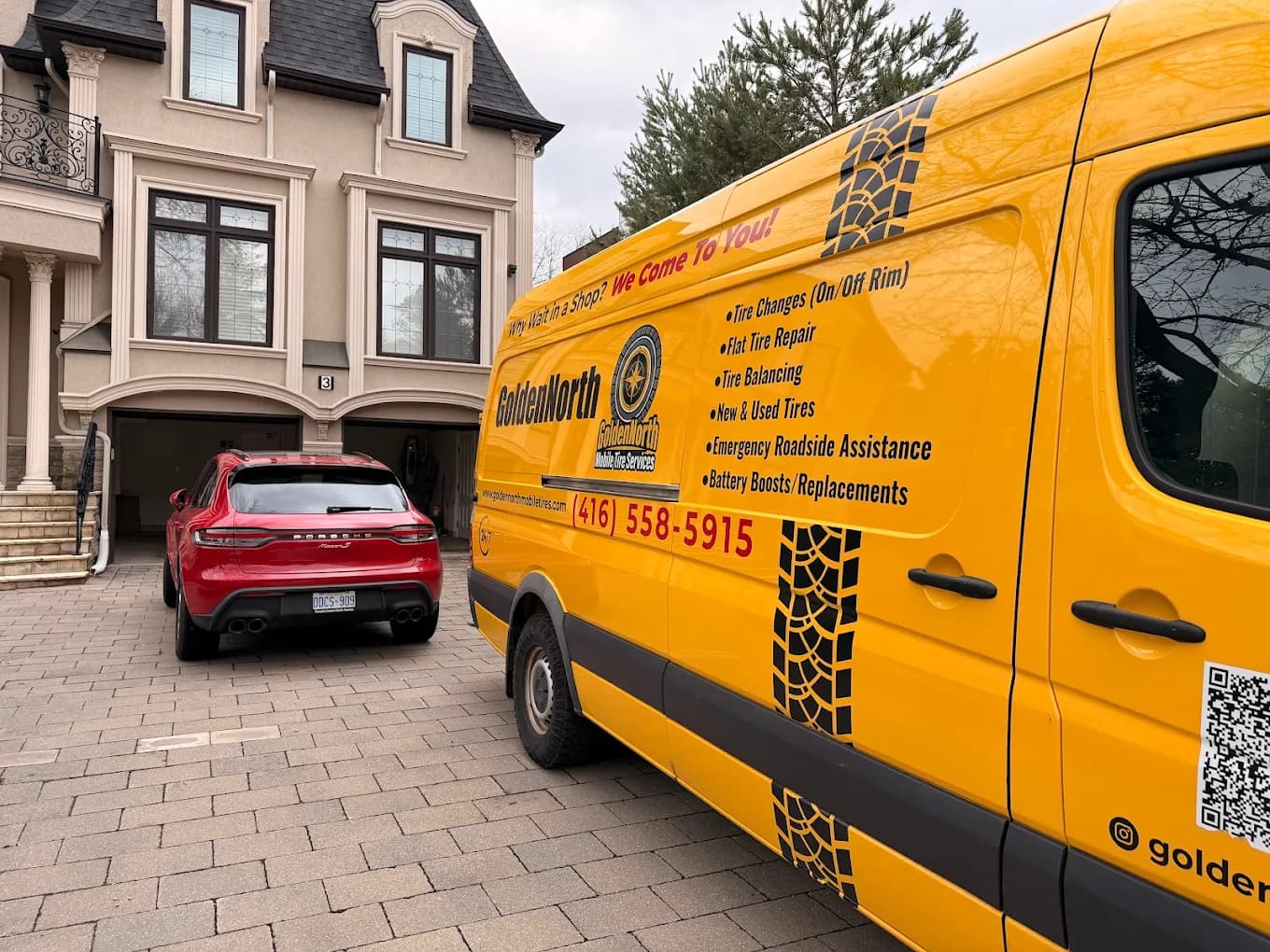 GoldenNorth mobile tire service van in a large GTA home driveway
